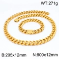 Ensemble collier et bracelet gourmette cubaine pour homme en acier inoxydable doré avec fermoir - Ensemble Couleur Or 12mm (KS141842-Z)
