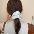 Elegant silver-grey oversized satin hair scrunchie with a glossy silk texture worn by model - Bright Silver Grey Satin (43#)