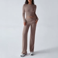 Brown Y2K style slim fit long sleeve top and high waist drawstring pants set - S / Camel