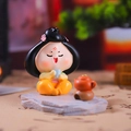 Ancient style Tang lady figurine in orange hanfu drinking tea, resin table ornament - Yellow Dress Lady (1229-5)