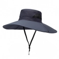 Dark gray wide brim fishing hat with breathable side mesh and adjustable wind rope - 15CM Brim / Navy Blue