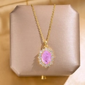 Elegant gold necklace with oval pink gemstone pendant and white zircon halo in gift box - 55#xl1779-1 Amethyst Geometric Necklace