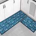 Navy blue kitchen floor mat set with white fish pattern, non-slip absorbent rugs - Blue Nordic Fish / 40*60cm