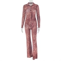 Dettaglio del set in mesh trasparente con stampa leopardata, camicia e pantaloni flare - S / Leopardato Rosso