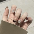 French press-on nails in coffee gradient with pearls and rhinestones on square oval shape - GN022 / Glue Type