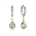 Silver steel hoop earrings with pear-shaped iridescent zircon pendants - Silver AB Rainbow Zircon