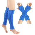Close-up of bright blue neon knitted leg warmers and fingerless gloves set with ribbed texture - Small Size / Blue