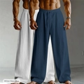 Detail view of men's wide-leg linen pants in white and navy blue with drawstring waist - S / Bottoms / 2PCS / White & Navy Blue