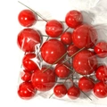 Mix of decorative red foam berry balls on green wire stems for cake toppers and crafts - Mixed 20 Pieces Set / Red