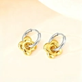 Titanium steel hoop earrings featuring a polished gold 3D flower pendant design - Four-leaf Clover / Gold and Silver Two-tone