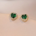 Elegant heart-shaped stud earrings with green emerald stones and gold-plated halo - Heart Green Gemstone Style (E0413)