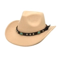 Detail of khaki felt cowboy hat featuring turquoise stones and silver stud embellishments - M (56-58cm) / Beige