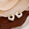 Elegant geometric heart drop earrings with pearl white glaze on satin fabric - Geometric Heart Iridescent Hook (E4303)