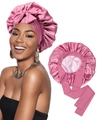 Dark pink satin hair sleep cap with wide ribbons for hair care and beauty protection - M / Dark Mauve
