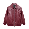 Women's burgundy faux leather motorcycle jacket with zipper and ribbed cuffs - S / Burgundy