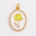 Oval gold plated rose pendant with white enamel inlay and zircon borders - Gold Oval Zirconia Inlaid Yellow Rose
