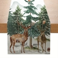 Weihnachts-Tischläufer mit Aquarell-Hirschen und Pinienwald auf Leinentextur - CD62-26 (Aquarell-Waldhirsch-Tischläufer)