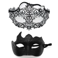 Black metal laser-cut mask with rhinestones and glitter filigree masquerade mask set - Six Petals Bull Horn - Iron Black Set