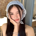 Floral lace triangle headscarf in sky blue with delicate white embroidery for women - Blue Floral Lace