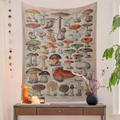 Detailed vintage French botanical mushroom wall tapestry in a cozy home interior setting - French Mushroom Guide(QY1014-11)