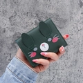 Short tri-fold green wallet for women with cute cartoon animal face and ears detail - Green