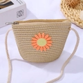 Kids woven straw crossbody bag in light khaki with sunflower embroidery and white strap - 11*14*6 / Shell Bag Orange Daisy / Beige