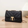 Black V-quilted PU leather shoulder bag with golden chain strap and stylish metal lock - V-Quilted / Black