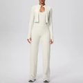 Dettaglio del tessuto a coste del set yoga da 3 pezzi bianco sporco con giacca zip - S / Avorio Chiaro