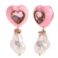 Gouden hartoorbellen met roze emaille, hartkristal en barokke parelhangers - Barok Imitatie Parel Roze Zirconia Emaille Oorknopjes - Roze