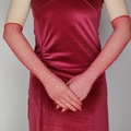 Guanti lunghi a rete rossi con strass scintillanti, stile elasticizzato lunghezza gomito - Rosso