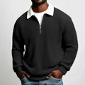 Men's waffle knit quarter-zip polo shirt in black with contrasting white collar - Black