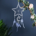 Elegant silver star and moon dream catcher with blue feathers on dark background - Star Moon Blue Feather Style (MS9494B)