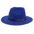 Close-up of royal blue wool fedora featuring a black leather band and gold metal chain link - M (56-58cm) / Sapphire Blue