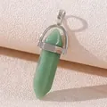 Hexagonal green aventurine stone pillar pendant with silver metal clasp connector - Luminous Green