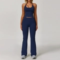 Navy blue halter neck yoga set featuring backless sports bra and high waist flare pants - S / Badge Blue (Top+Flared Pants)
