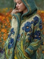 Green hooded knit cardigan with detailed blue iris embroidery in a floral field - 3XL / Green Iris Embroidery (RW-XKLMKS-1910)