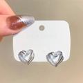 Elegant silver heart-shaped long tassel earrings with sparkling zircon stones in a pair - Double-layer Hollow Heart Rhinestone Stud Style (Peach Heart II K-241)