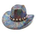 Iridescent cowboy hat with snakeskin texture and cowrie shell woven band on white background - M(56-58cm) / Black