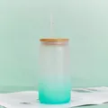 Sublimation 12oz Milchglasbecher mit mintgrünem Farbverlauf und Bambusdeckel - 16OZ Einschichtig Wassergrün Farbverlauf