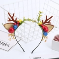 Christmas reindeer antler headband with red berries and blue roses for festive hair decor - Blue Flowers and Berries with Deer Ears / Blue