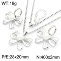 Silver bow pearl jewelry set with necklace and earrings showing dimensions and weight - Steel Color Jewelry Set (KS220646-KFC)