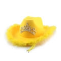 Macro detail of bright yellow cowboy hat featuring a silver rhinestone tiara and feather trim - M (56-58cm) / Yellow Feather