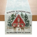Winter Wonderland table runner with blue patterns of snowflakes and reindeer on linen fabric - 33cmx180cm / Winter Wonderland-Blue Scene(ZQ31-2)