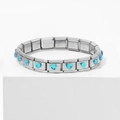 Silver stainless steel modular bracelet with blue heart-shaped gems on a display stand - 0177-love Lake Sapphire Section 1