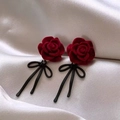 Vintage velvet rose and black bow earrings on white silk background for a classic look - E3762 Gold Red (Rose Bow Style)