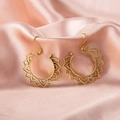 Vintage hollow gold mandala earrings displayed on soft pink silk fabric background - Antique Gold (9916)