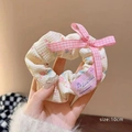 Pink plaid bow scrunchie with floral print and lace edge design, 10cm diameter - Floral Plaid Bow