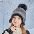 Grey knit children's winter hat with black faux fur trim and fluffy pompom detail - Black