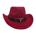 Classic wine red wide brim fedora hat with ethnic band and silver bull head ornament - Burgundy