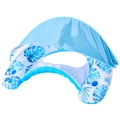 Inflatable pool lounger with blue sunshade and tropical leaf patterns on white base - U-Shaped Water Lounger / Blue Leaf U-Shaped Lounger with Detachable Canopy